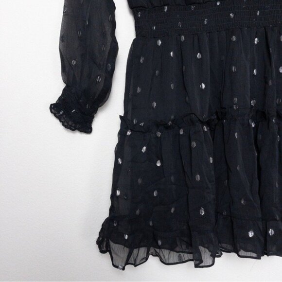 NWT NSR Emma Long Sleeve Ruffle Trim Smocked Mini Dress S Black Clip Dot - Picture 6 of 8